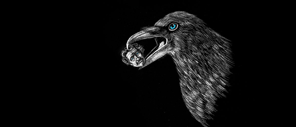 scratchboard raven holding Poe's head