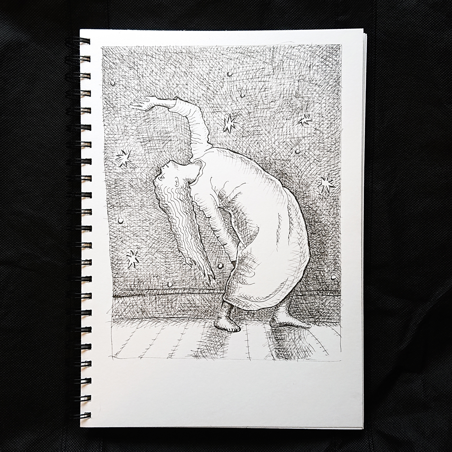 ink crosshatched drawing of a girl arched back