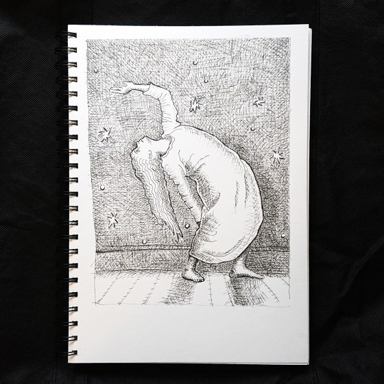 ink crosshatched drawing of a girl arched back