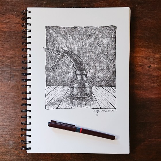 ink crosshatched drawing of legs vanishing into inkwell
