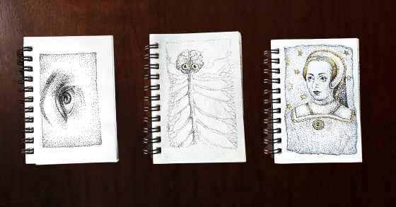 Three tiny stippled drawings